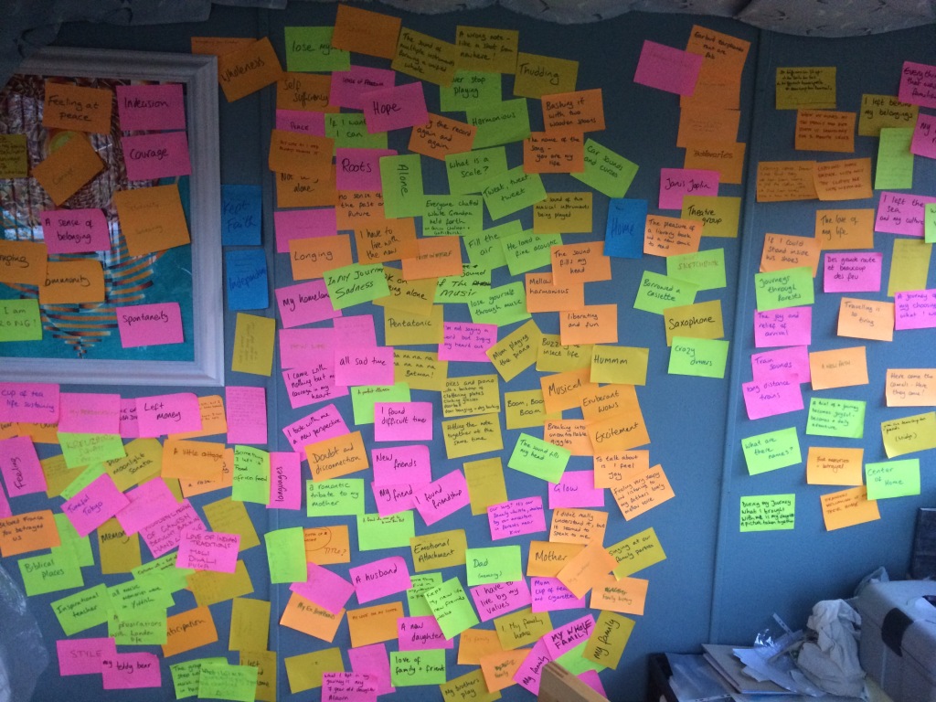 A blue wall completely plastered in brightly coloured post-it notes all covered in handwriting